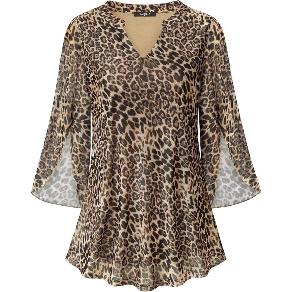 〽️Women Coffee Coloured Leopard 3/4 Sleeve V Neck Double Layer Lose Blouses Top